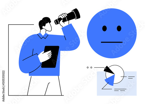 Person holding a telescope and tablet observes data visualization with neutral emotion icon and pie chart. Ideal for analysis, discovery, research, insight, observation, feedback, data exploration