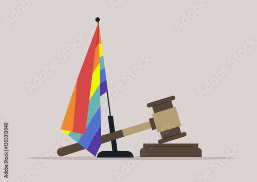  vibrant rainbow flag stands alongside a judge's gavel, signifying the pursuit of justice and equality for the LGBTQ community, This powerful imagery conveys a message of acceptance and advocacy