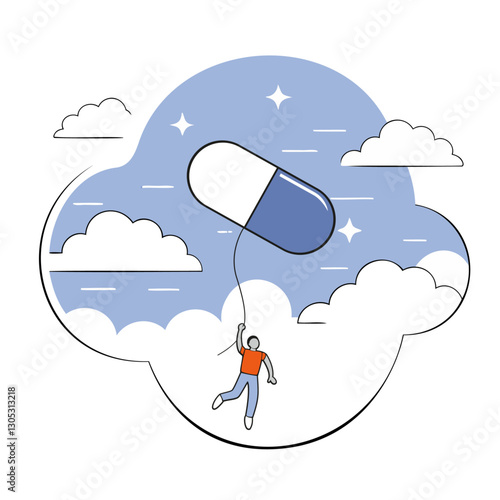 Illustration of a pharmaceutical pill flying in the sky like a balloon, with a man clinging to it, enclosed in the shape of a cloud. Vector, white background