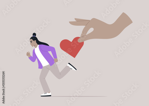 A figure dashes away from an outstretched hand offering a heart, symbolizing the struggle of avoidant attachment in personal relationships and the fear of intimacy