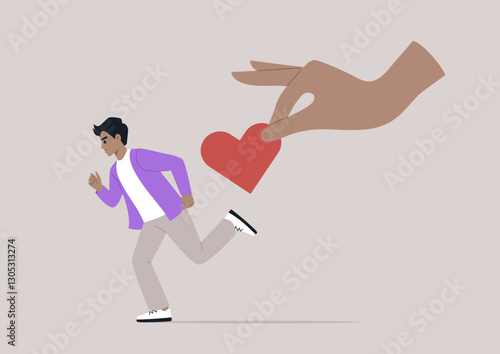 A figure dashes away from an outstretched hand offering a heart, symbolizing the struggle of avoidant attachment in personal relationships and the fear of intimacy