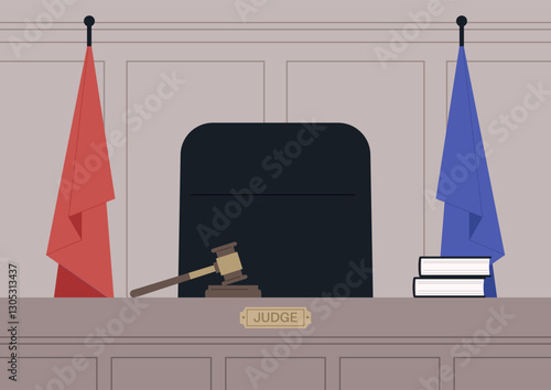 Courtroom with a judge seat highlighting the serene readiness of judicial proceedings in a modern legal environment