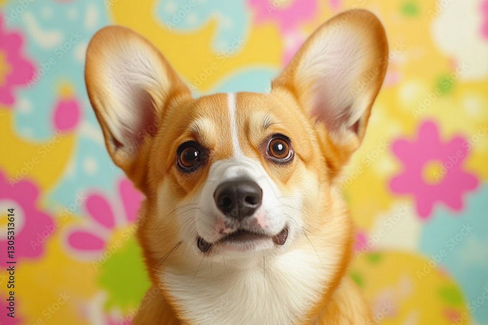Corgi with large ears poses in front of a colorful floral background in a cheerful indoor setting