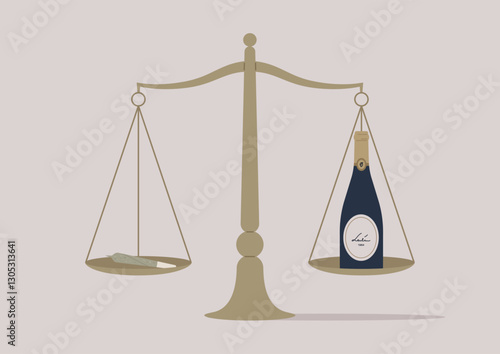 Judicial Scales weighing a roll of cannabis against a luxurious bottle of alcohol, embodying the contrast between these two recreational substances