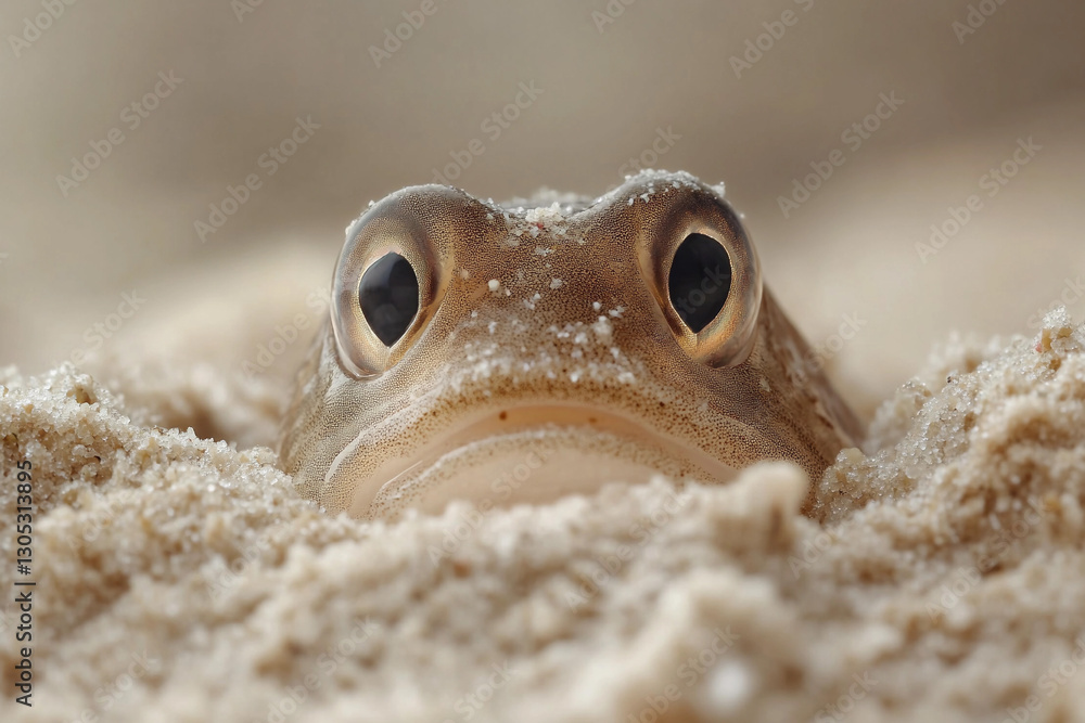 Obraz premium Detailed view of a fish partially buried in sand revealing its large eyes in a serene underwater environment
