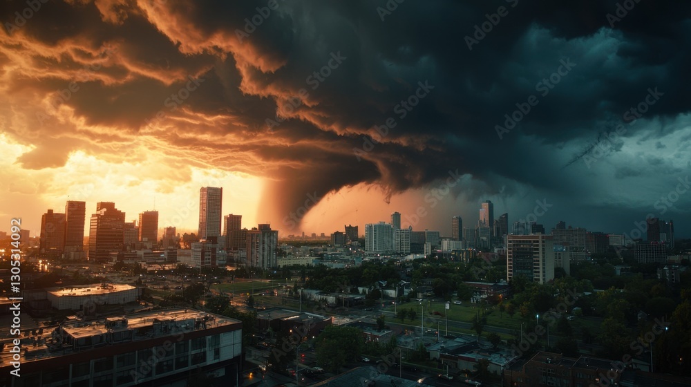 Fototapeta premium A city skyline is shown with a large storm cloud in the background