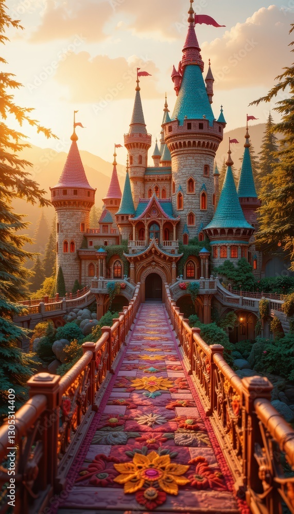 Majestic Fairytale Castle at Sunset with Ornate Bridge Pathway Majestic Fairytale Castle at Sunset with Ornate Bridge Pathway