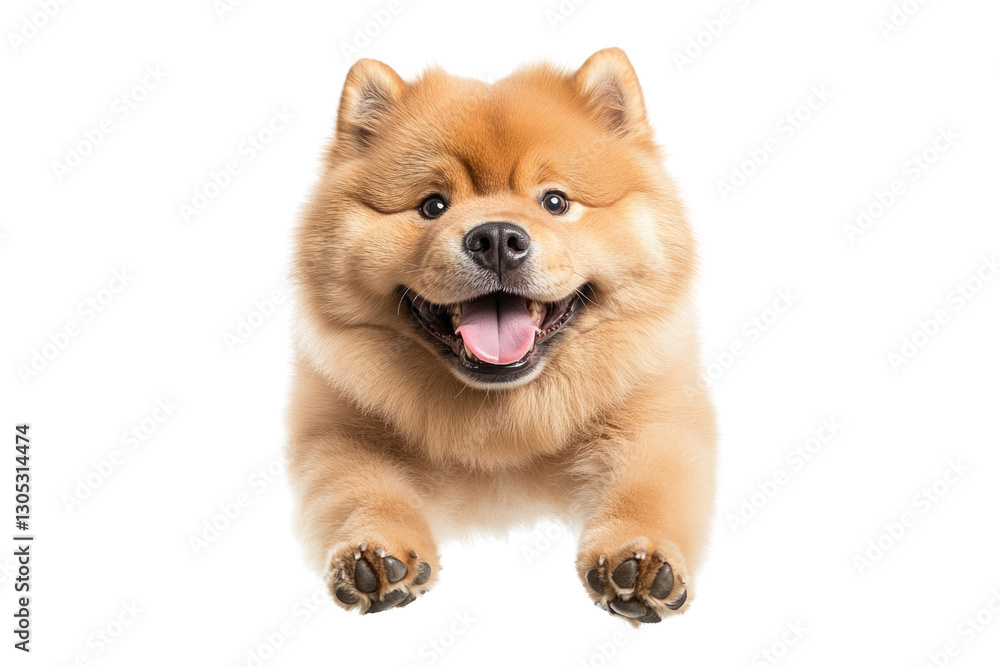 Cute fluffy dog jumping with joy against a white background showcasing its vibrant personality and playful spirit Cute fluffy dog jumping with joy against a white background showcasing its vibrant personality and playful spirit