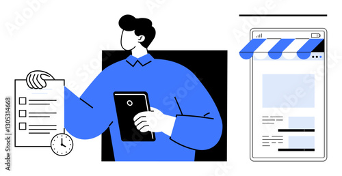 Businessperson holding a tablet next to a completed checklist and an online storefront interface. Ideal for time management, online business, e-commerce, multitasking, productivity, planning, flat