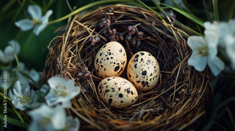 Three speckled eggs nestled in a natural bird's nest. Three speckled eggs nestled in a natural bird's nest.