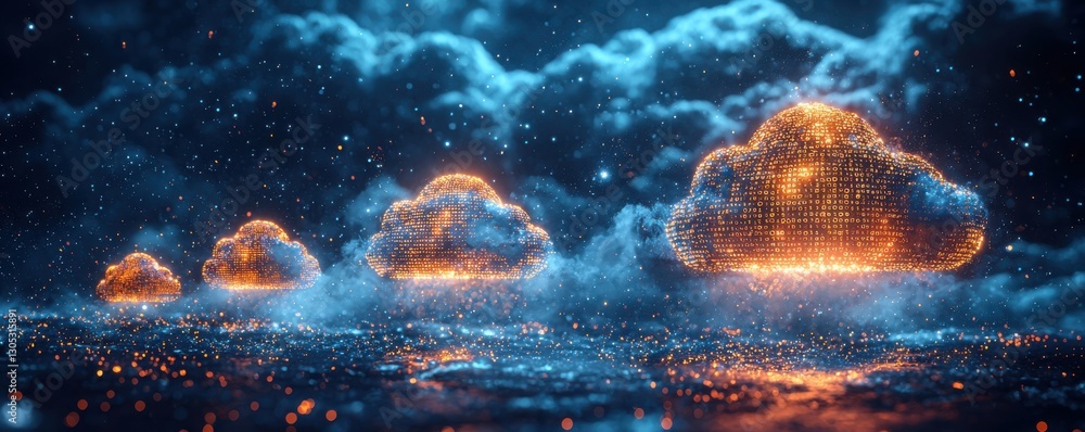 Fototapeta premium Glowing digital clouds with binary patterns in a futuristic data landscape
