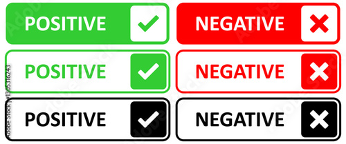Positive and negative label banner button with check mark icon sign, checkmark tick and cross sign checkbox icons.