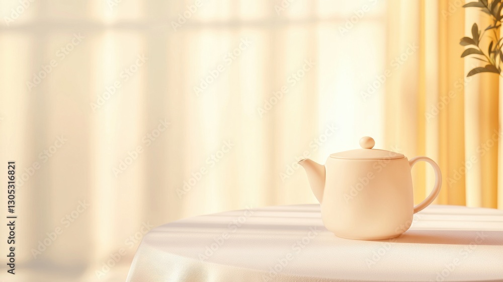 Minimalist Teapot on Table with Soft Sunlight and Neutral Tones in a Calm, Relaxing Space Minimalist Teapot on Table with Soft Sunlight and Neutral Tones in a Calm, Relaxing Space