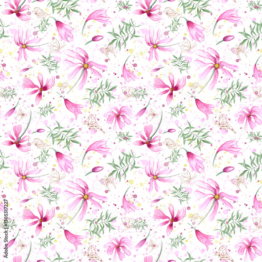 Spring abstract pink magnolia flowers, green leaves and fluttering golden butterflies seamless pattern on watercolor colored splashes. Bright floral ornate for textile, canvas, holiday package Spring abstract pink magnolia flowers, green leaves and fluttering golden butterflies seamless pattern on watercolor colored splashes. Bright floral ornate for textile, canvas, holiday package