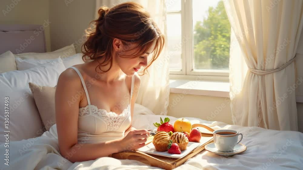 Smiling woman enjoying a delicious breakfast in bed with fresh pastries, fruits, and coffee by a sunlit window. Concept of peaceful morning, self-care, and relaxation. Smiling woman enjoying a delicious breakfast in bed with fresh pastries, fruits, and coffee by a sunlit window. Concept of peaceful morning, self-care, and relaxation.