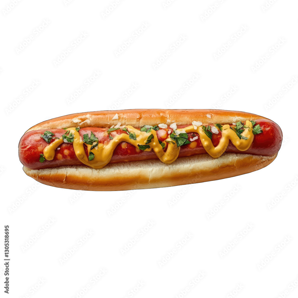 Juicy Hot Dog with Mustard & Herbs isolated on transparent background Juicy Hot Dog with Mustard & Herbs isolated on transparent background