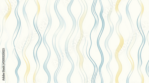 Gentle waves in soft blue and yellow tones create smooth and understated flowing pattern on light background, evoking serene and calming atmosphere