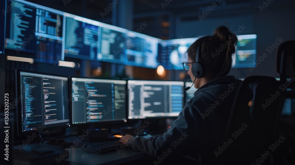 A person wearing headphones works with computer monitors coding A person wearing headphones works with computer monitors coding