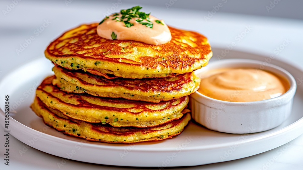 A plate of stacked pancakes with a small bowl of sauce sits nearby A plate of stacked pancakes with a small bowl of sauce sits nearby