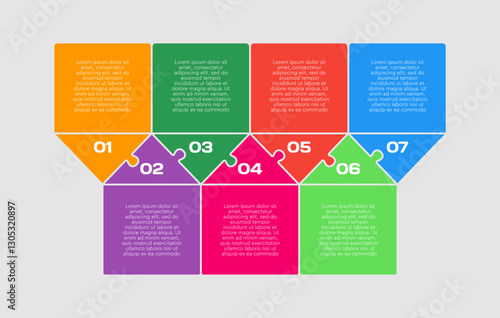Seven steps line infographic, puzzle timeline