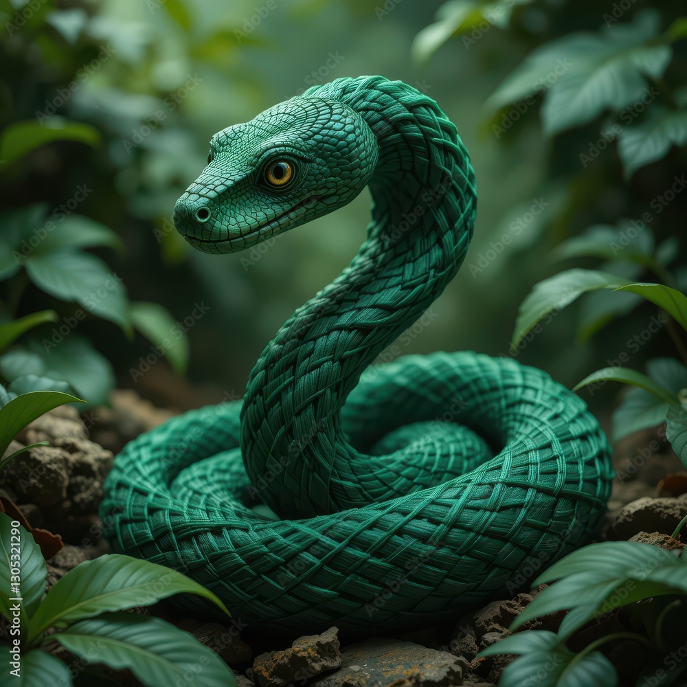 Emerald Green Snake Coiled in Lush Tropical Foliage A Detailed 3D Render of a Reptile in Nature Emerald Green Snake Coiled in Lush Tropical Foliage A Detailed 3D Render of a Reptile in Nature