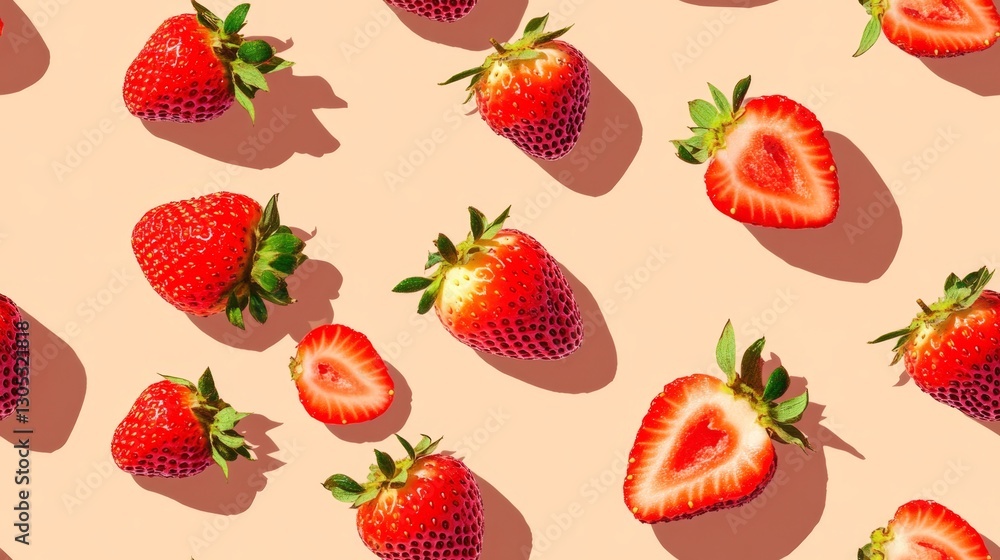 A pattern of ripe strawberries on a light peach background, some scattered and others in rows, with a few halved to show the red seeds inside. Flat design with soft lighting and detailed textures. A pattern of ripe strawberries on a light peach background, some scattered and others in rows, with a few halved to show the red seeds inside. Flat design with soft lighting and detailed textures.