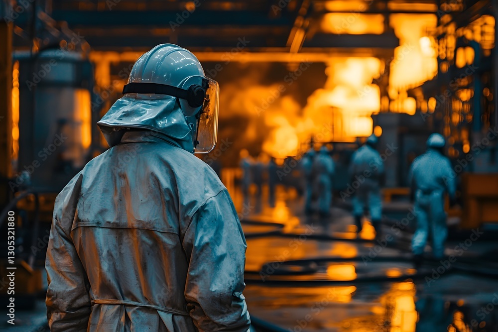 Fototapeta premium Industrial Firefighter Observing Blaze in Factory Safety Gear Emergency Response