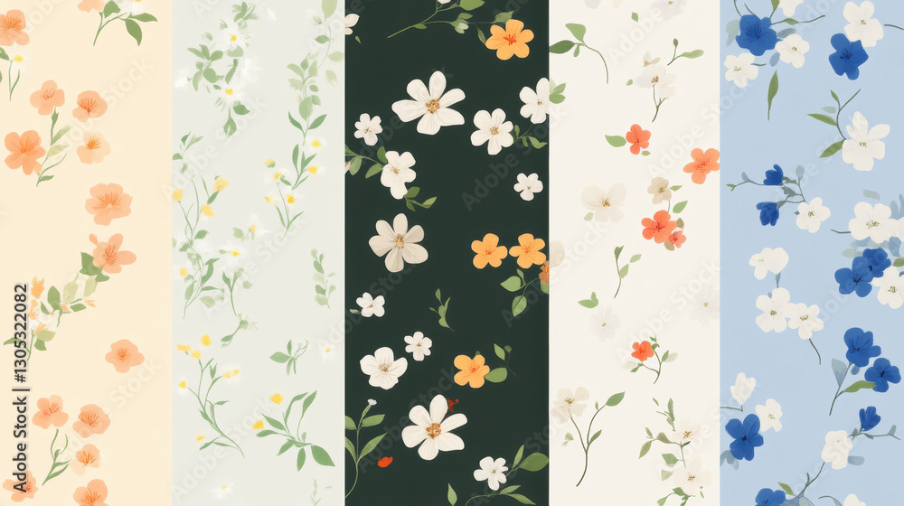 Delicate floral patterns featuring tiny blooms and leaves in soft pastel and vibrant colors, arranged on various backgrounds including cream, green, and blue Delicate floral patterns featuring tiny blooms and leaves in soft pastel and vibrant colors, arranged on various backgrounds including cream, green, and blue