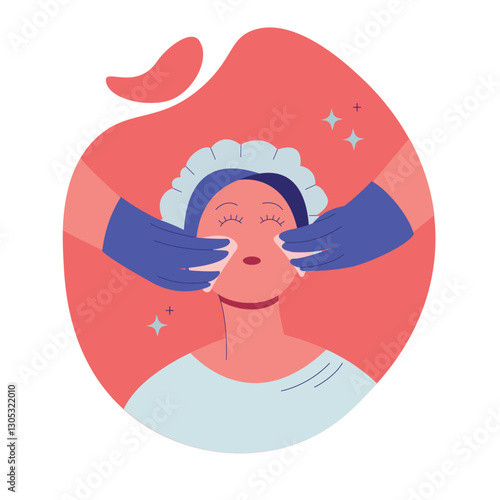 A happy woman gets a facial at the spa.  Skin care. Vector illustration 
Illustration. Cosmetology and professional skin care.
Microcurrent facial therapy. Aesthetic therapy in cosmetology. 