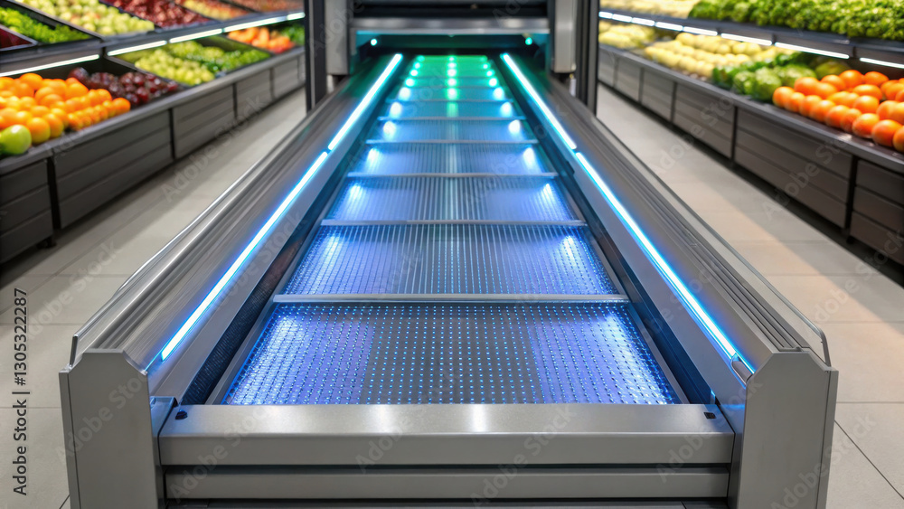 Obraz premium food technology concept, High speed UV sterilization system for fresh produce in grocery store