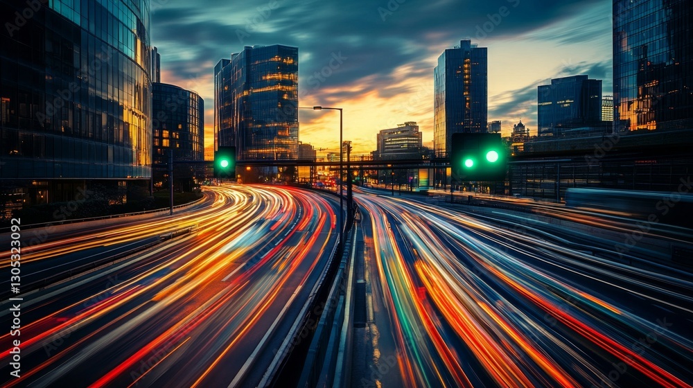 Obraz premium Rush hour in a modern city, where the glow of headlights and taillights create mesmerizing streaks of light, with a green traffic light glowing under a deepening evening sky.