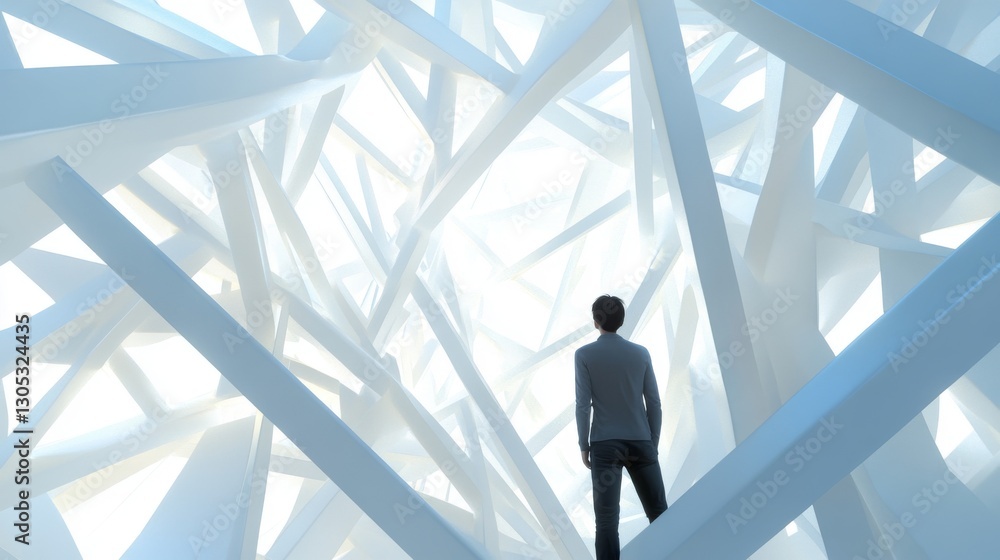 Individual contemplating a complex, abstract space. Individual contemplating a complex, abstract space.