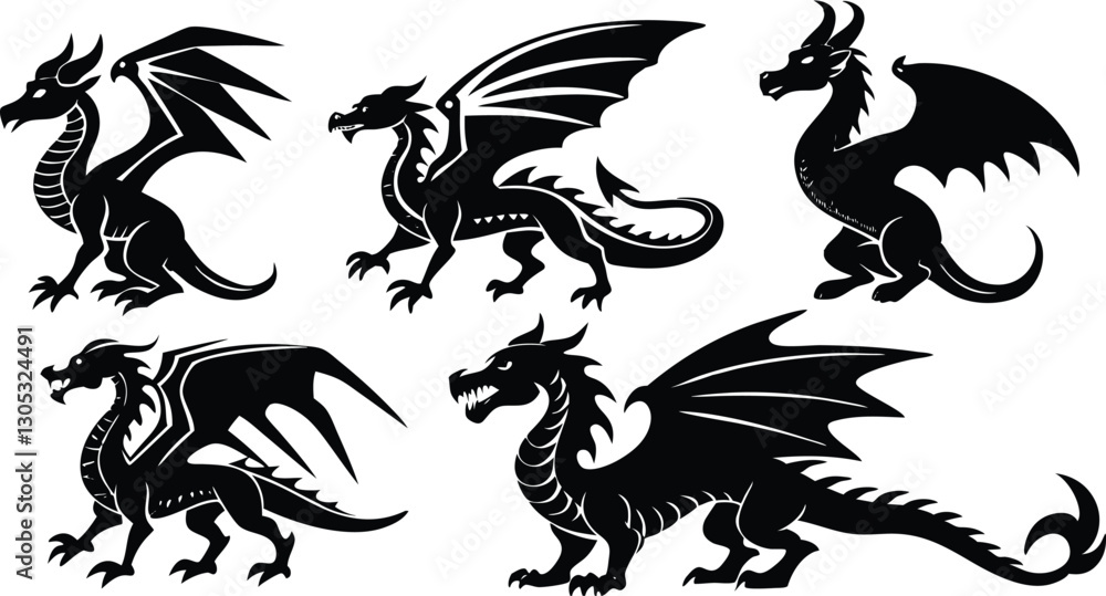 Naklejka premium Fantasy Dragon Silhouette Vector Set