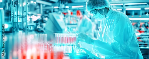 Laboratory technician analyzing test tubes. photo