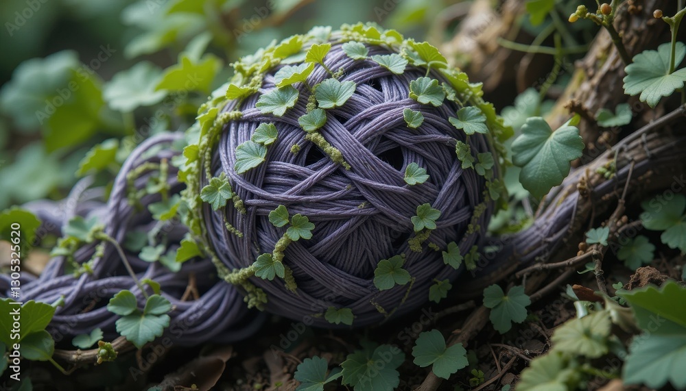 Purple Yarn Ball Decorated with Green Leaves in Nature Setting Beautiful Outdoor Purple Yarn Ball Decorated with Green Leaves in Nature Setting Beautiful Outdoor