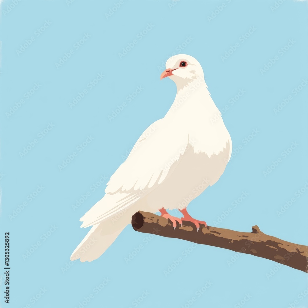 Obraz premium Elegant White Dove Perched on Wooden Branch Minimalist Illustration for Advertising