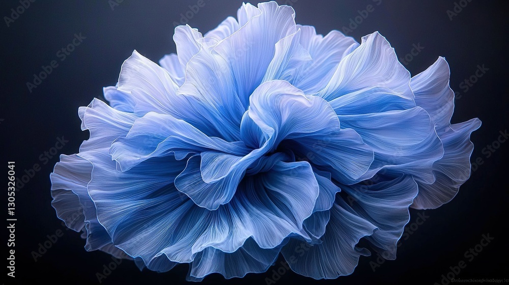 A zoomed-in picture of a blue bloom against a black backdrop with a hazy depiction of the flower's core A zoomed-in picture of a blue bloom against a black backdrop with a hazy depiction of the flower's core