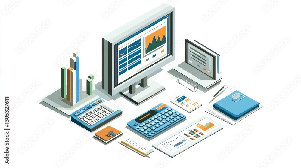 Isometric Office Workspace with Computer, Calculators, and Documents. Possible use Stock photo for business, productivity, or office-related themes Isometric Office Workspace with Computer, Calculators, and Documents. Possible use Stock photo for business, productivity, or office-related themes
