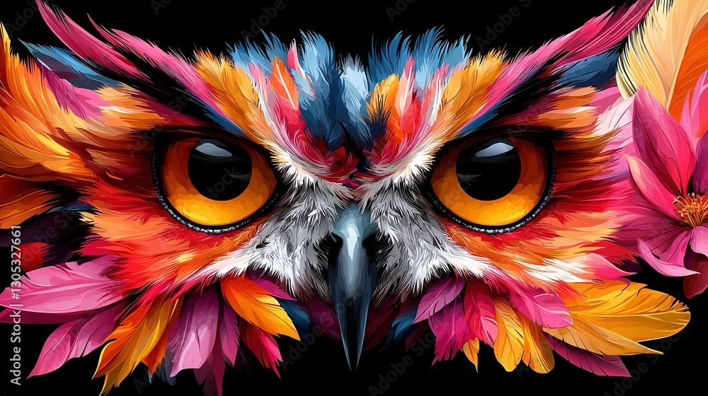 A macro shot of an owl's expressive, orange-eyed visage, with a floral accent in the foreground A macro shot of an owl's expressive, orange-eyed visage, with a floral accent in the foreground