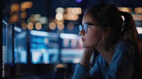 A woman with glasses working at a computer screen late