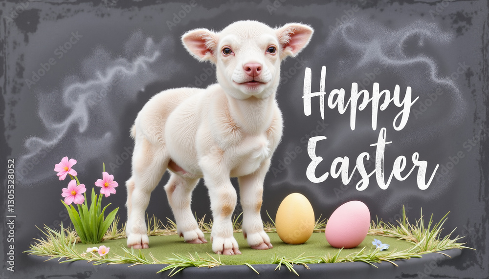Fototapeta premium Chalkboard-style Easter card featuring a lamb, pastel eggs, floral decorations, and hand-lettered text for a rustic holiday design