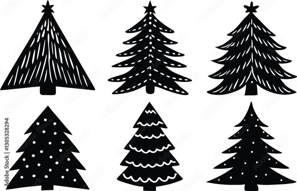 Fototapeta premium Festive Christmas Trees with Stars and Patterns Silhouette Collection for Holiday Decor and Winter Art