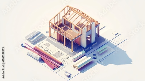 Isometric house construction blueprints