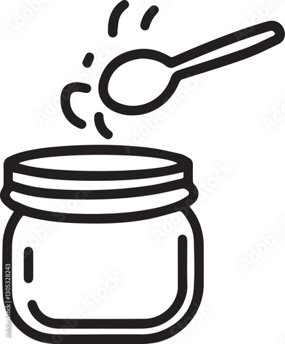 jar and spoon for infant meals on a white background. jar and tea spoon line icon vector isolated. Illustration of delicious natural golden product. Sweet food on spoon. Jar full of honey.