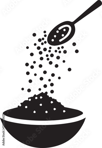 icon of a spoon pouring granulated sugar or salt into a bowl, representing cooking, baking, or food preparation.
