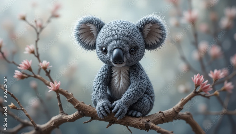 Adorable Baby Koala Sitting on a Blooming Branch in Spring A Cute Wildlife Image Adorable Baby Koala Sitting on a Blooming Branch in Spring A Cute Wildlife Image