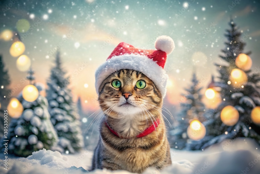 Festive Cat in Santa Hat: Playful Winter Double Exposure Stock Photo Festive Cat in Santa Hat: Playful Winter Double Exposure Stock Photo