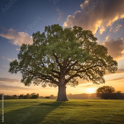 tree in the field and sunset