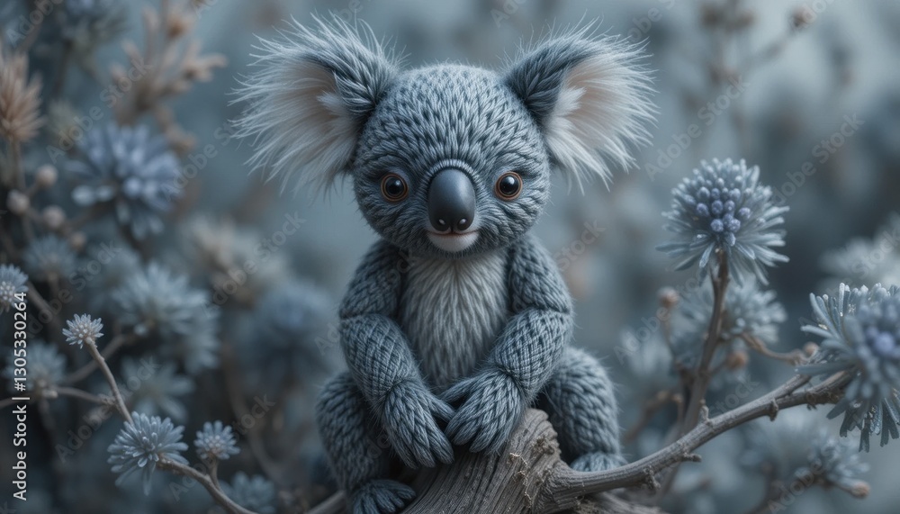 Obraz premium Adorable Knitted Koala Toy Sitting on Branch Among Blue Flowers