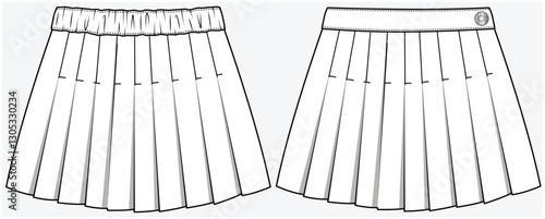 FRONT PLEATED DENIM SKATER SKIRT WITH TOP STITCH DETAIL DESIGNED FOR TWEEN GIRLS KID GIRLS AND TEEN GIRLS IN VECTOR FILE.